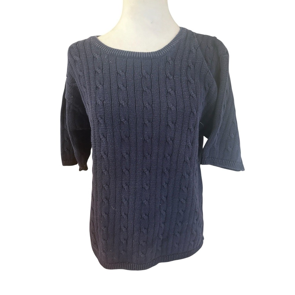 Crystal Kobe Short Sleeve Cable Knit Sweater 100% Cotton Navy SZ M
